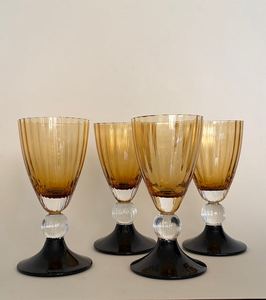 Art deco set of four vintage amber and black wine glasses