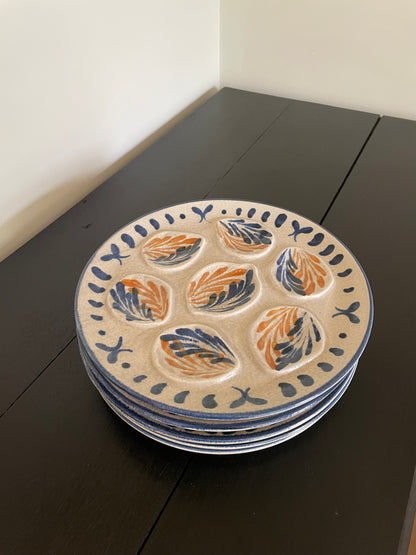 French vintage oyster plates with blue and orange details