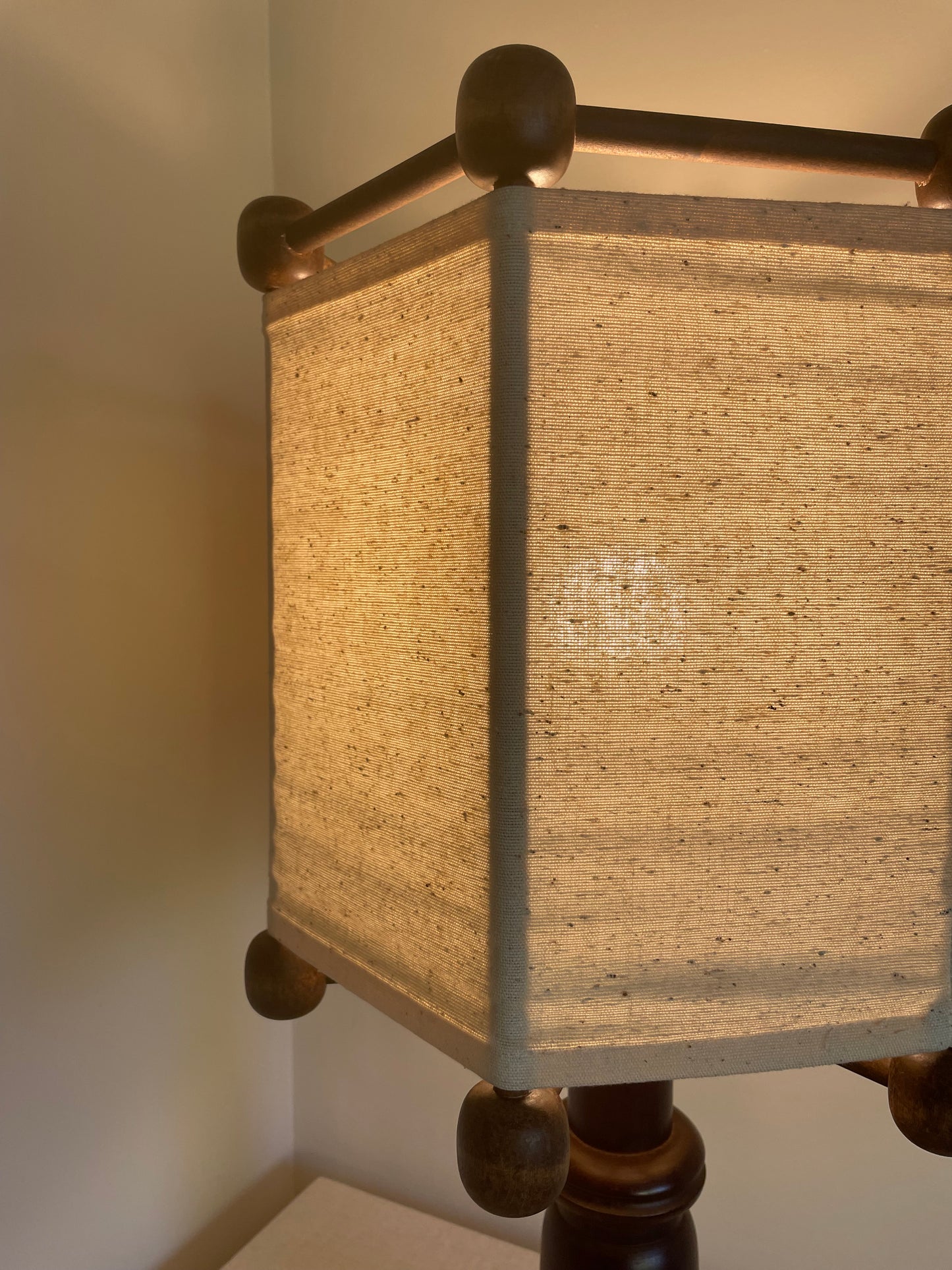 Vintage Swedish sculptural turned wood lamp with linen shade