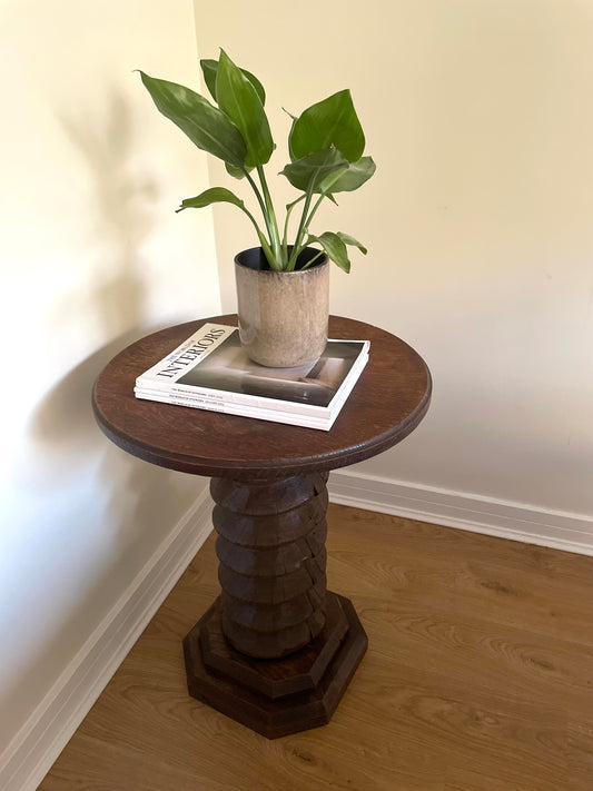 Antique French solid oak spiral pedestal side table