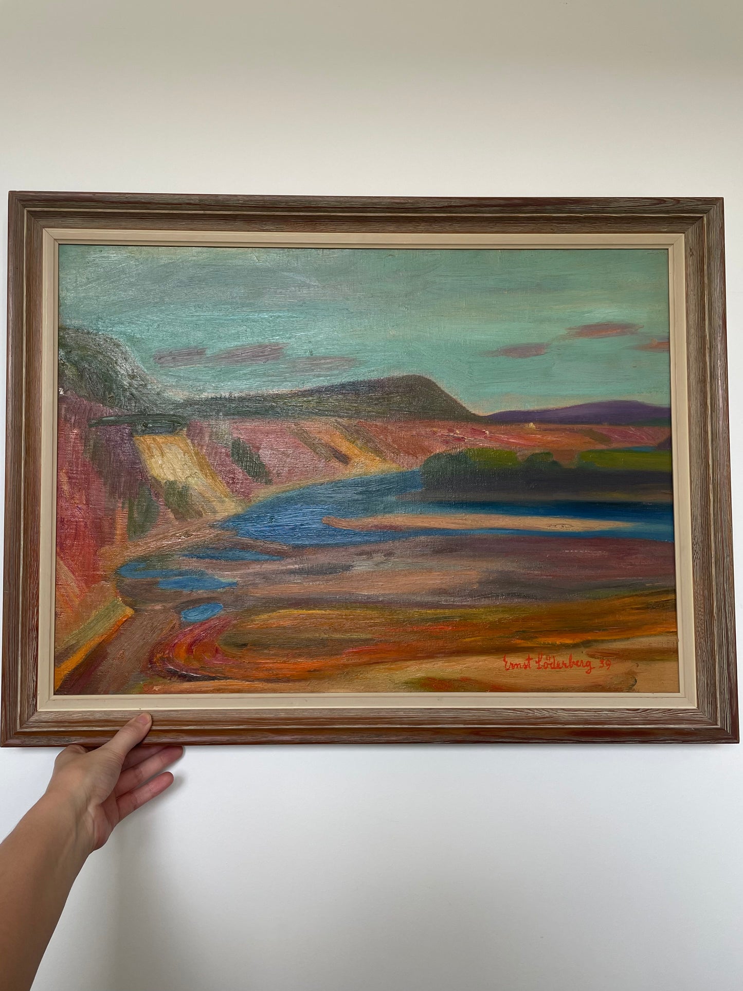 Original oil painting of colourful cliffs and river