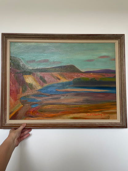 Original oil painting of colourful cliffs and river