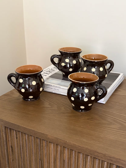 Romanian brown small jugs with cream dots — set of four