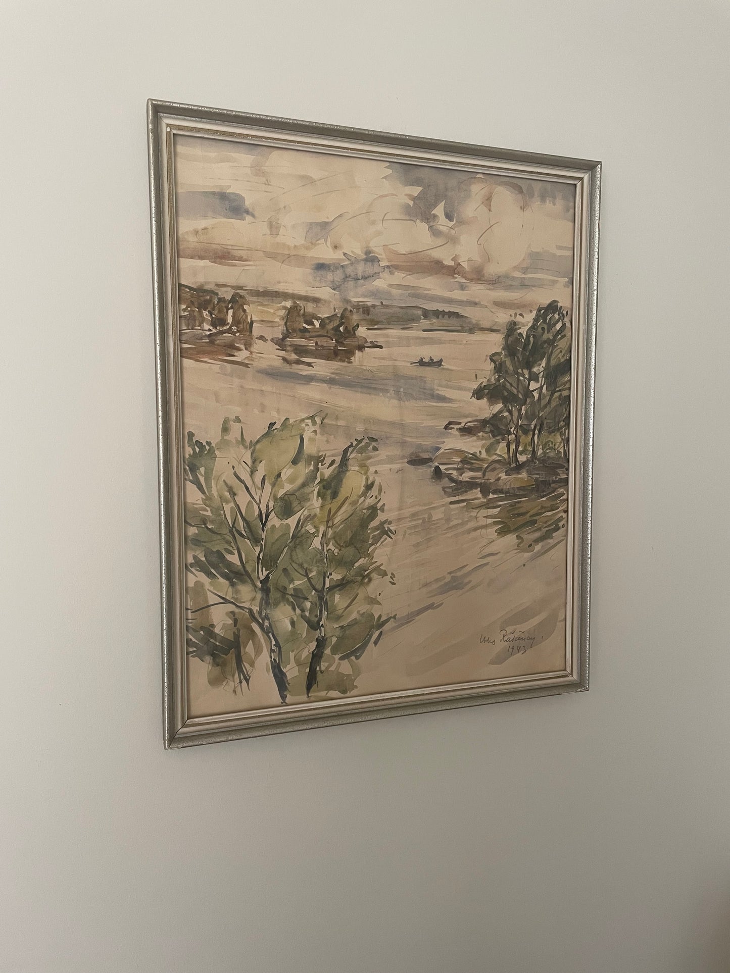Vintage framed vertical watercolour of lake