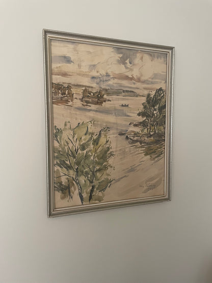 Vintage framed vertical watercolour of lake