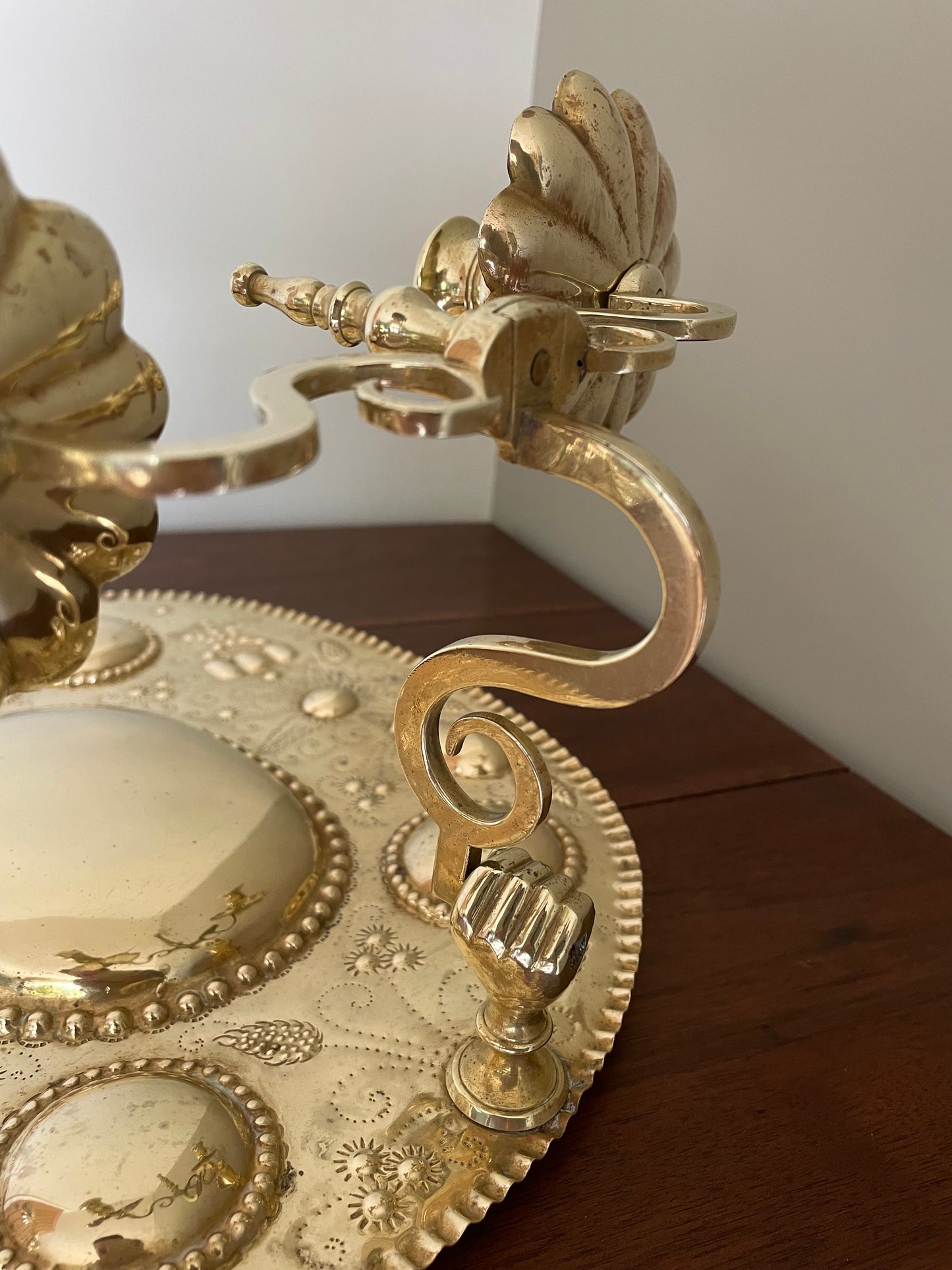 Pair of vintage embossed Swedish brass double wall sconces