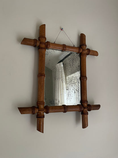 Vintage small wooden bamboo mirror with foxing