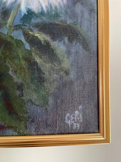 White Chrysanthemums with blue and purple background