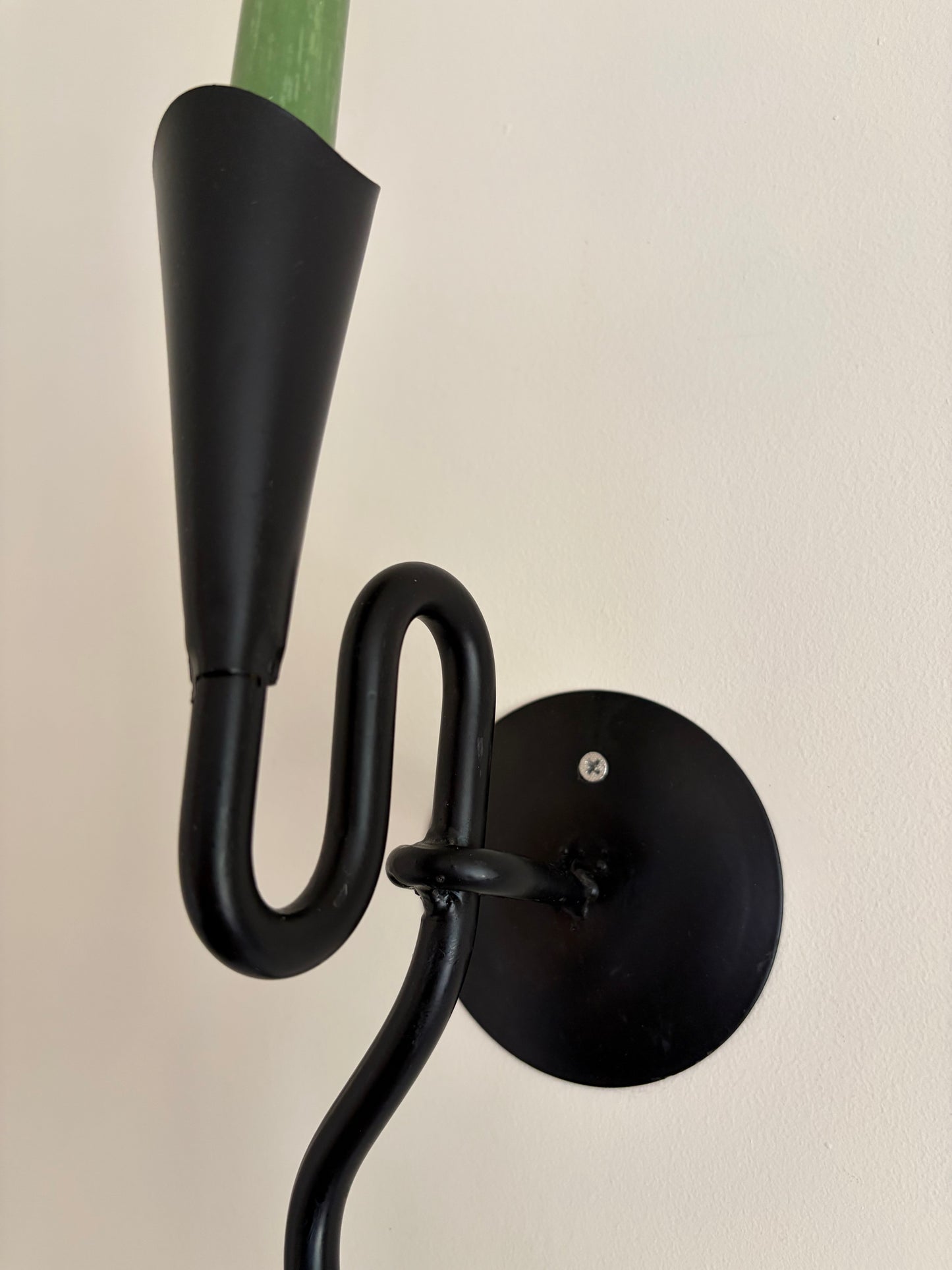 Pair of vintage wrought iron black squiggle candle wall sconces