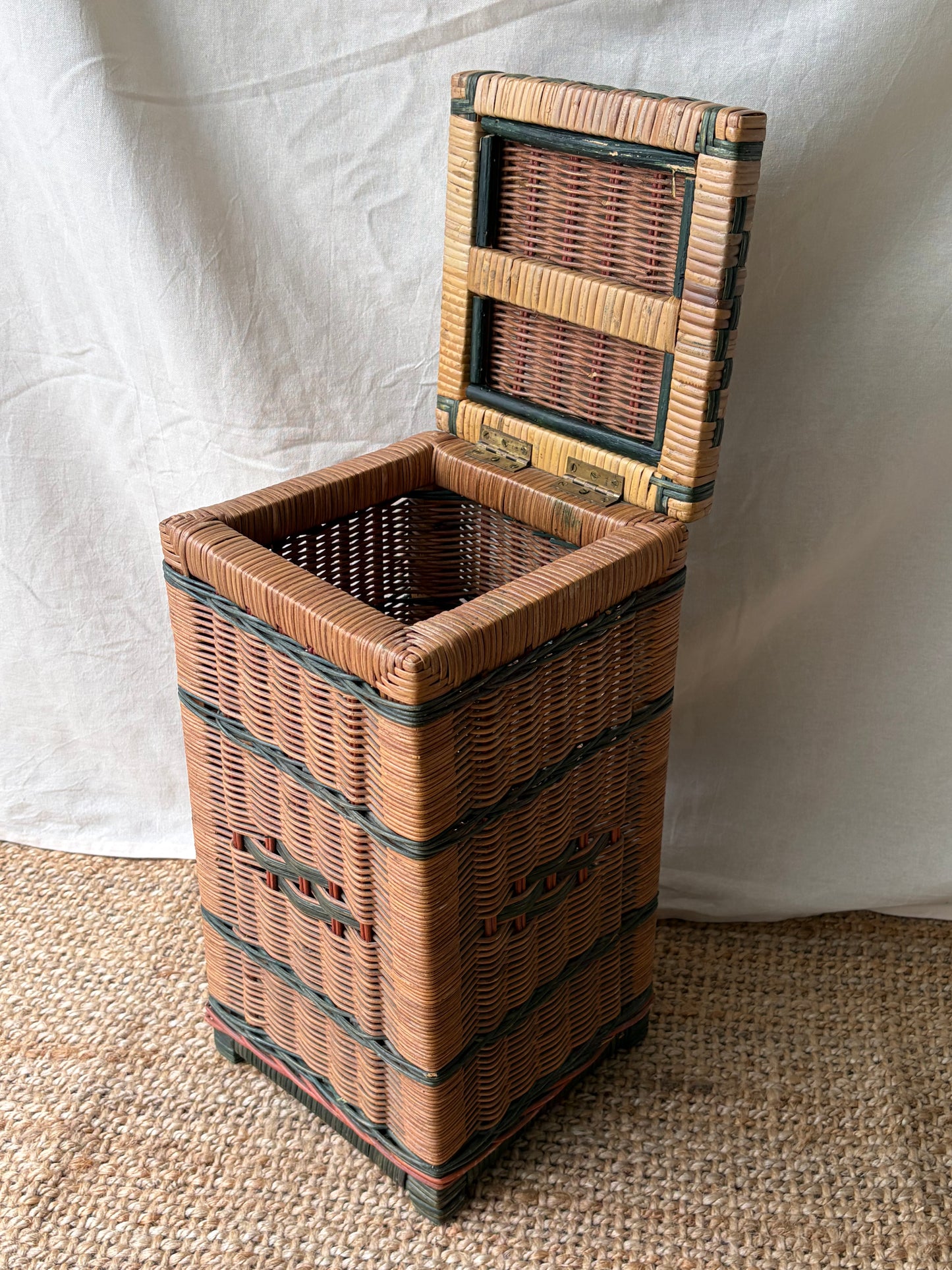 Vintage woven wicker vertical storage box with green pattern