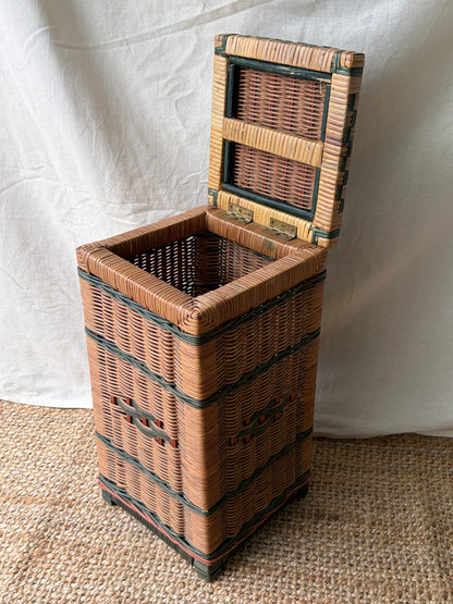 Vintage woven wicker vertical storage box with green pattern