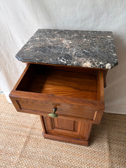 Antique French cupboard side table with dark marble top