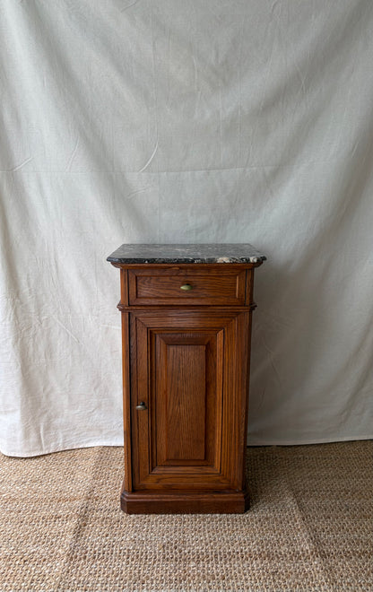 Antique French cupboard side table with dark marble top