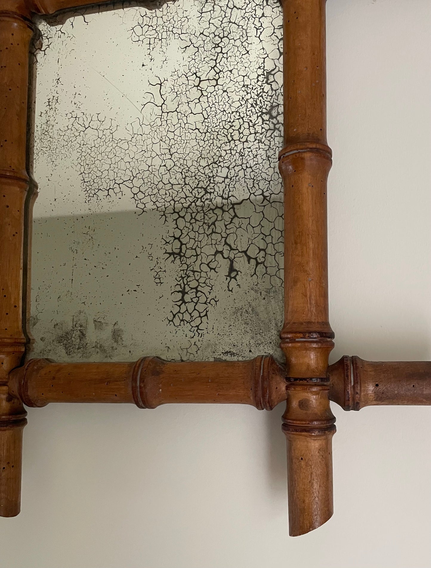 Vintage small wooden bamboo mirror with foxing