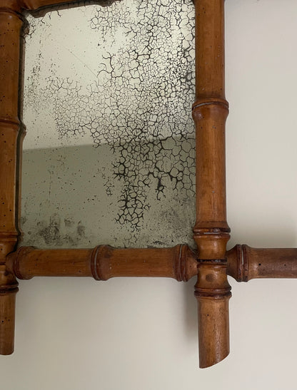 Vintage small wooden bamboo mirror with foxing