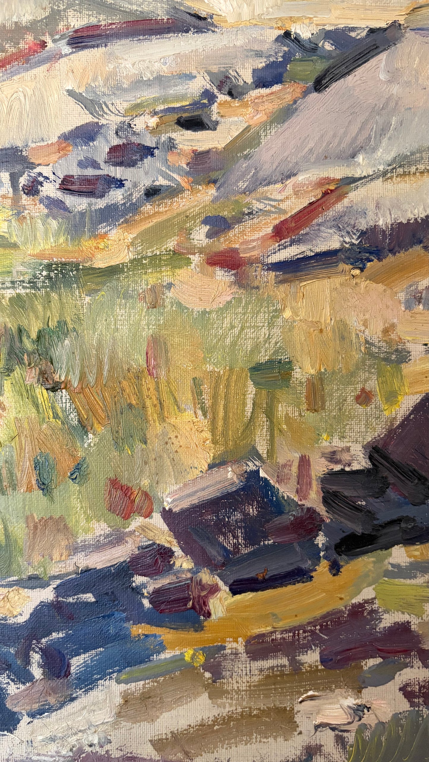 Vintage original oil artwork by Edvin Ollers - purple and green mountain landscape