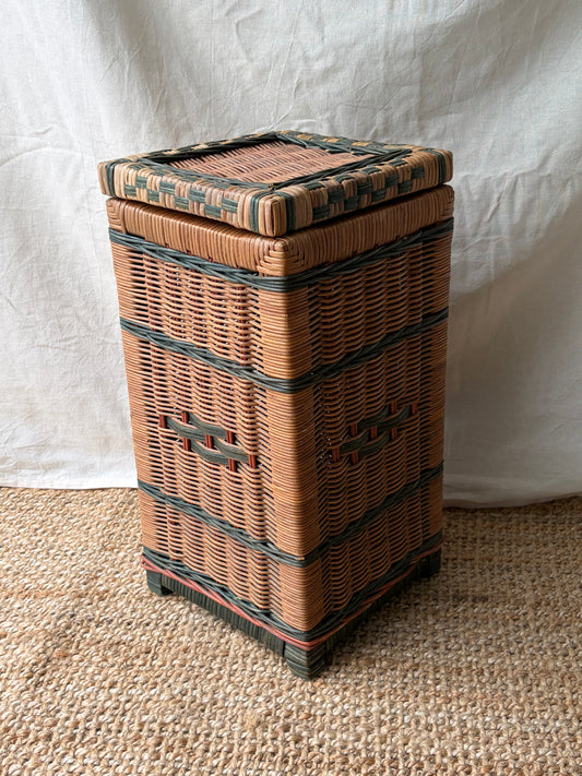 Vintage woven wicker vertical storage box with green pattern
