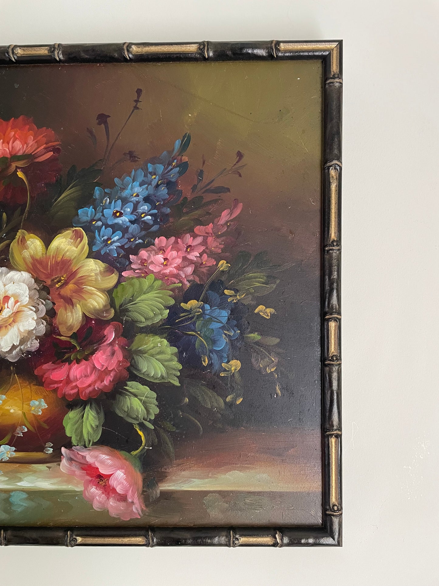 Vintage dark florals in faux bamboo frame