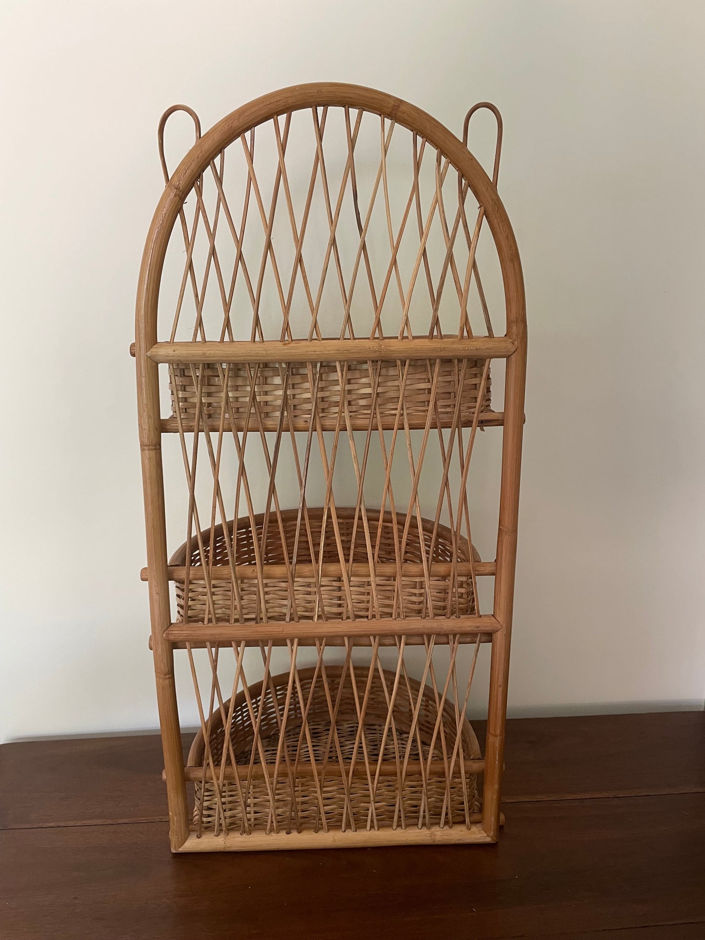 Three tiered vintage bamboo and rattan wall hung shelf