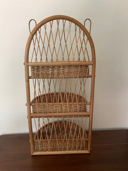 Three tiered vintage bamboo and rattan wall hung shelf