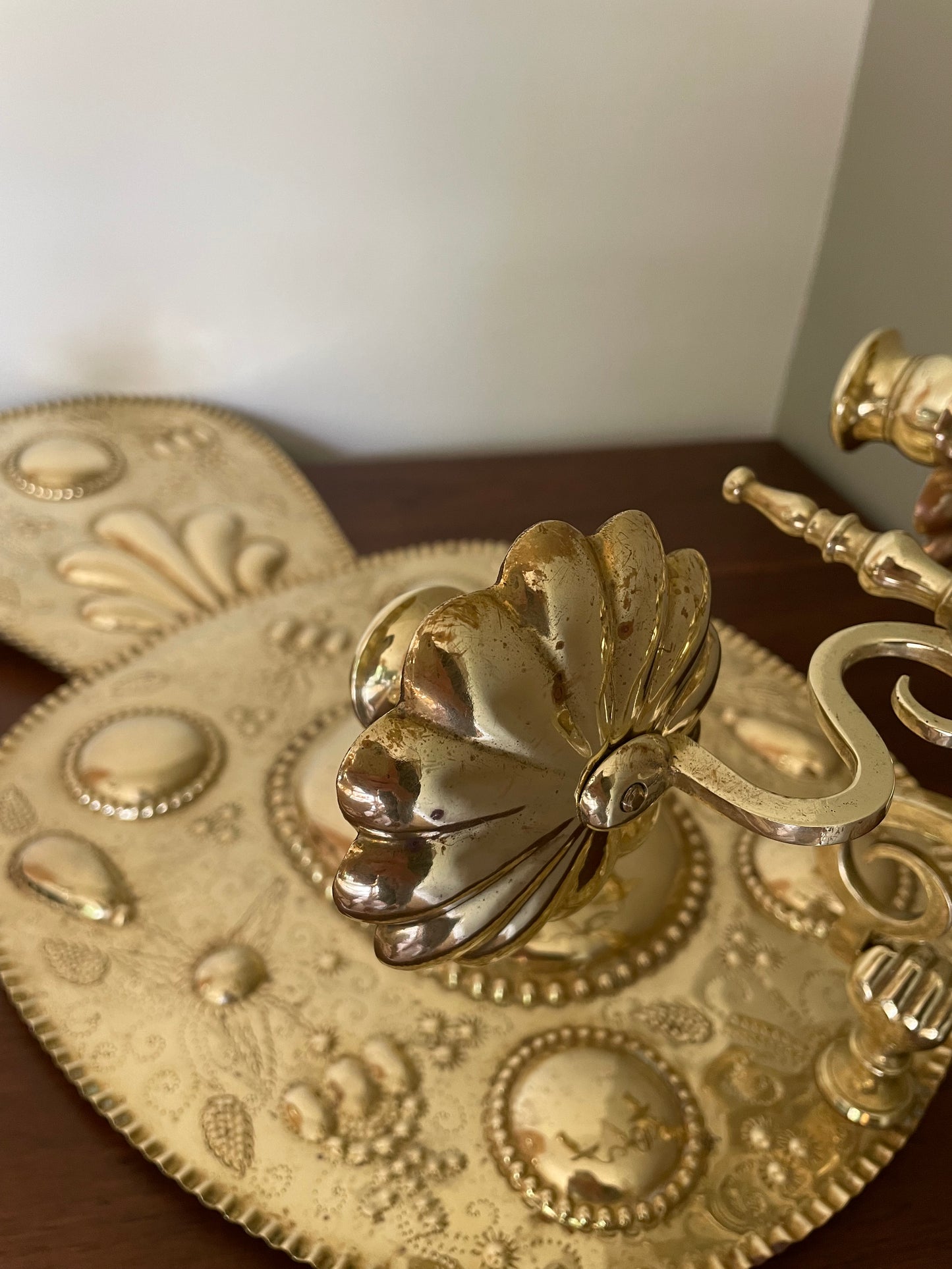 Pair of vintage embossed Swedish brass double wall sconces