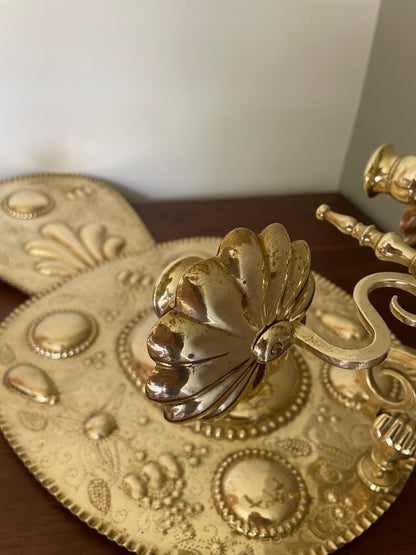 Pair of vintage embossed Swedish brass double wall sconces