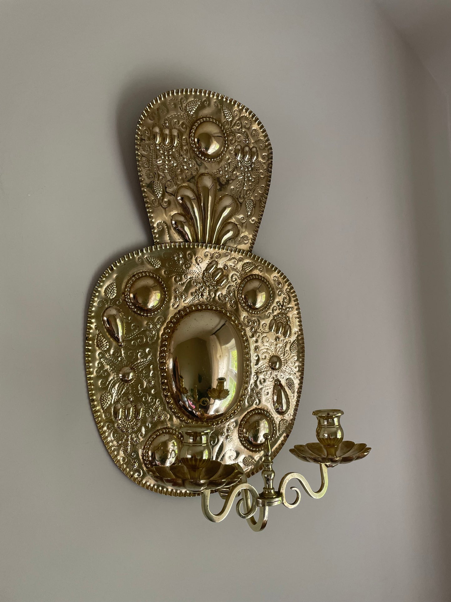 Pair of vintage embossed Swedish brass double wall sconces
