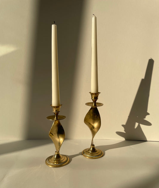 Vintage pair of brass twisted candle stick holders with drip tray