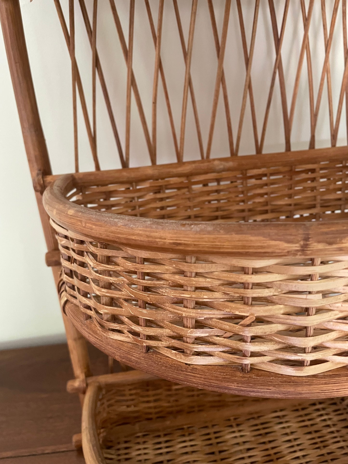 Three tiered vintage bamboo and rattan wall hung shelf