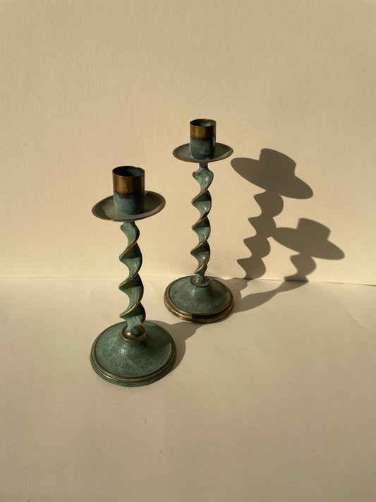 Barley twist verdigris brass taper candle stick holders