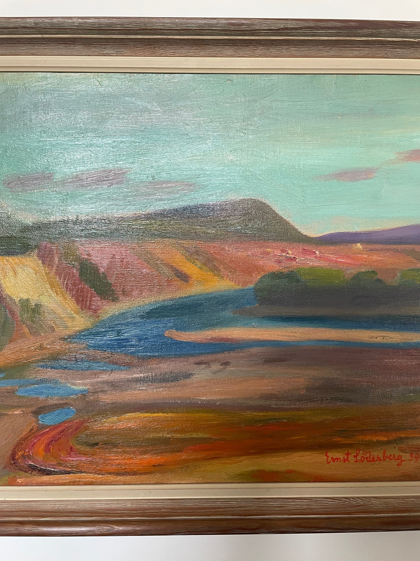 Original oil painting of colourful cliffs and river