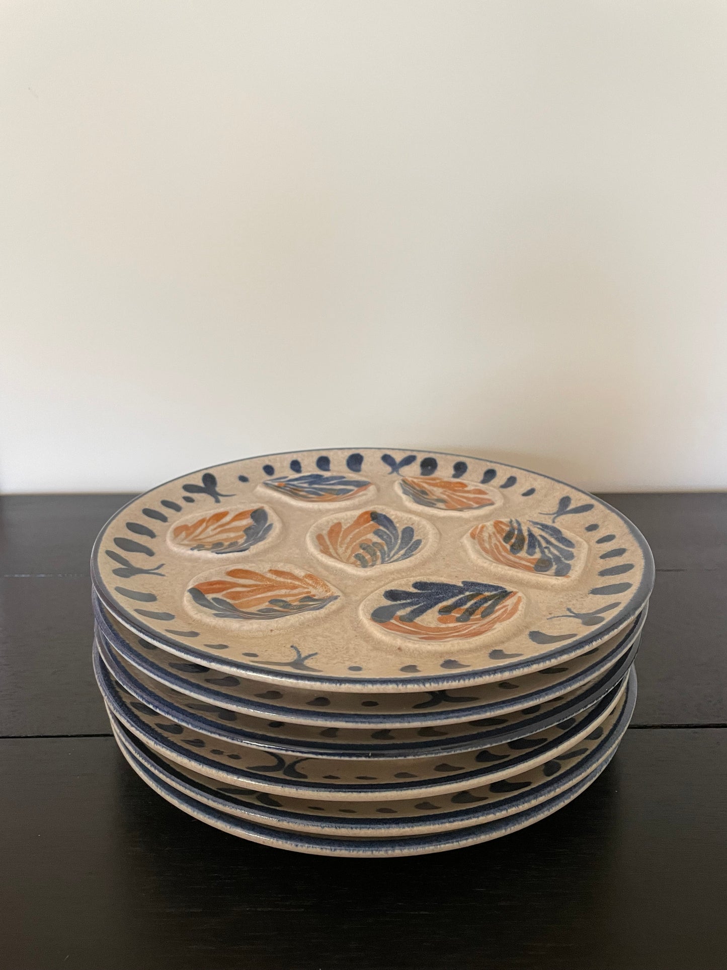 French vintage oyster plates with blue and orange details