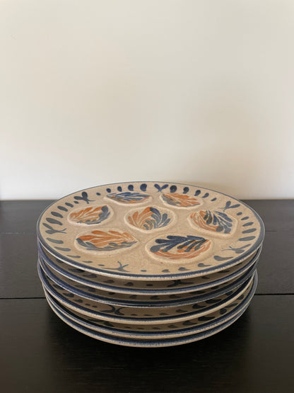 French vintage oyster plates with blue and orange details