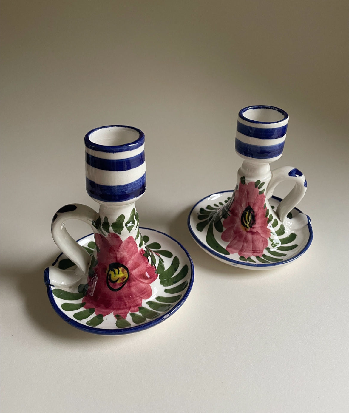 Spanish/Portugese style hand painted blue green pink candle stick holders