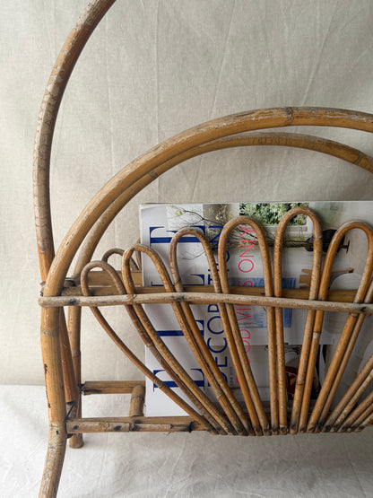 Vintage sunburst 1960’s bamboo and rattan magazine rack, Franco Albini style