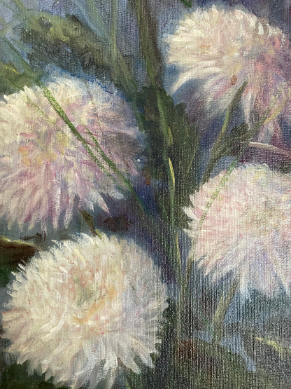White Chrysanthemums with blue and purple background