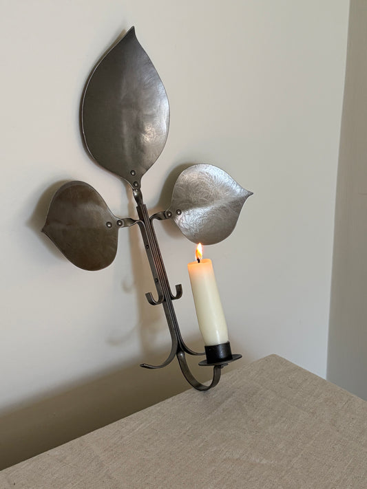 Pair of vintage pewter leaf shaped candle sconces