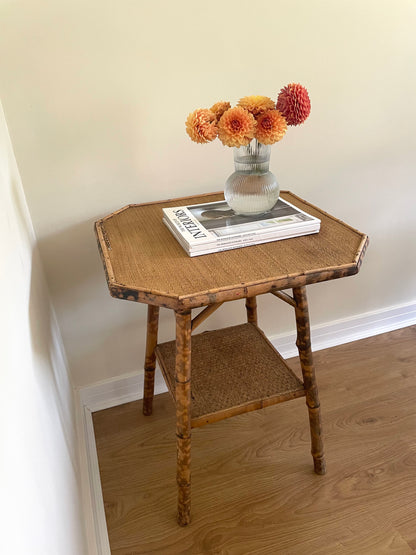 Antique bamboo and cane tortoise shell tiered side table