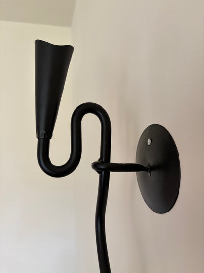Pair of vintage wrought iron black squiggle candle wall sconces