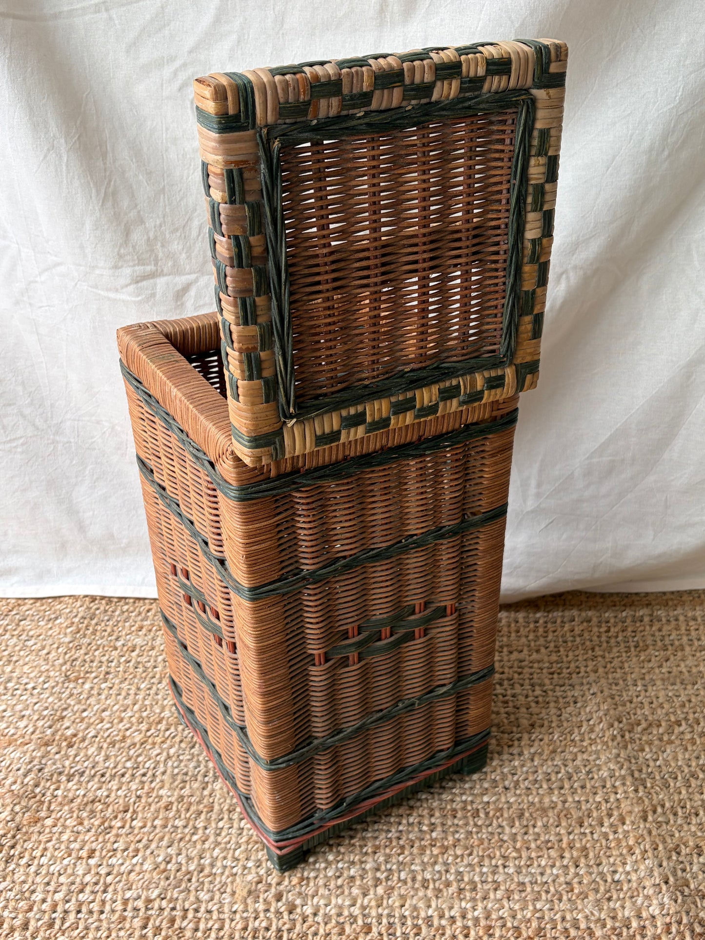 Vintage woven wicker vertical storage box with green pattern