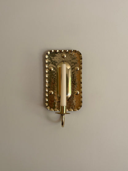 Pair of vintage brass candle sconces in a rectangular embossed design, Sweden