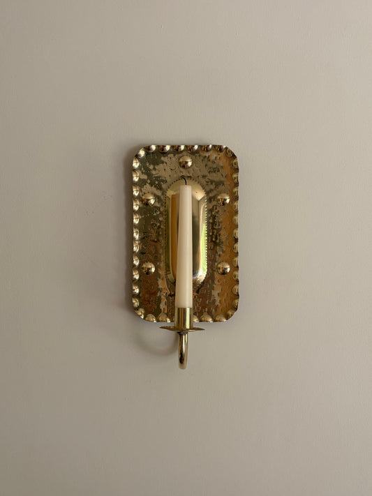 Pair of vintage brass candle sconces in a rectangular embossed design, Sweden