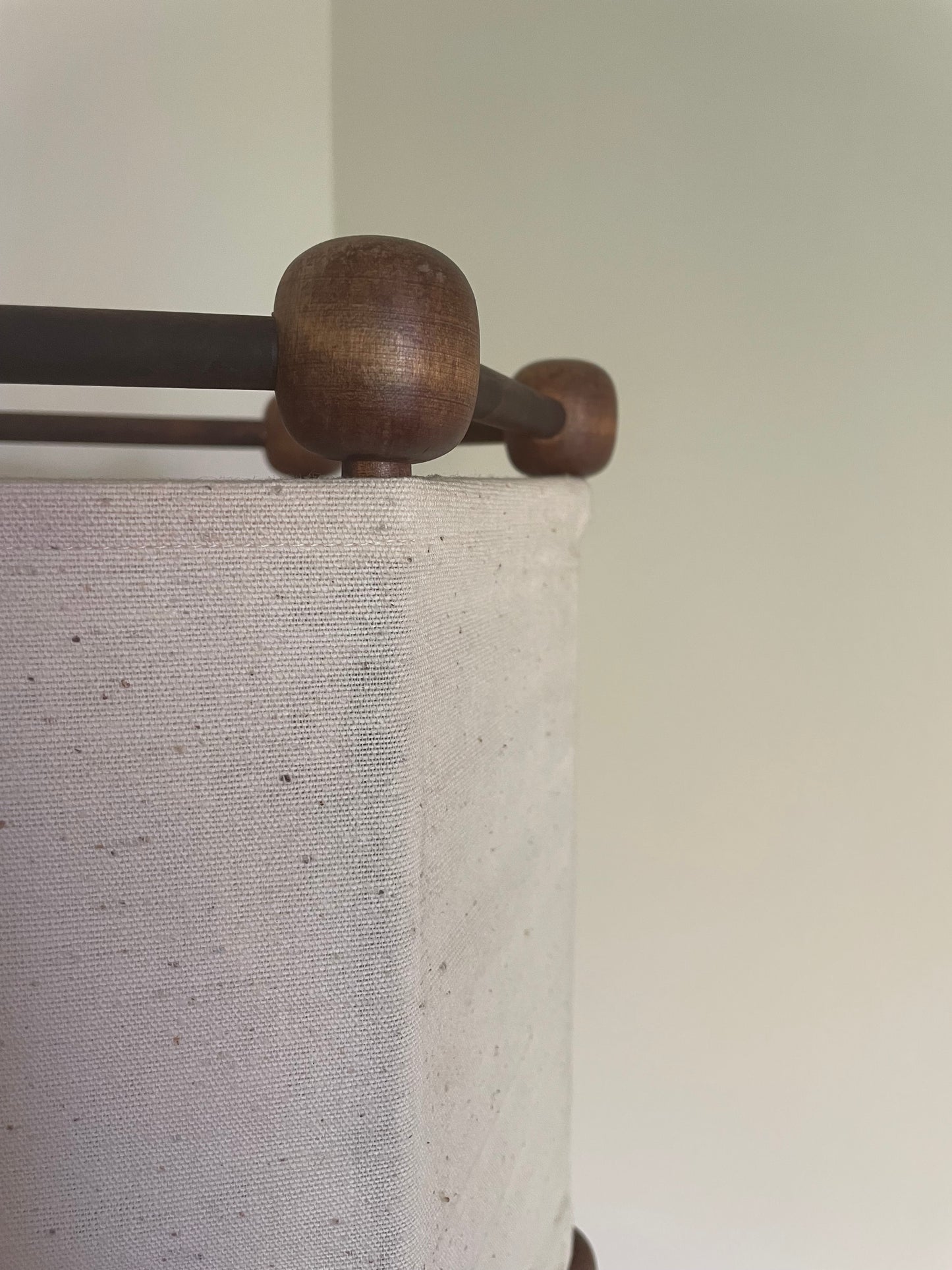 Vintage Swedish sculptural turned wood lamp with linen shade