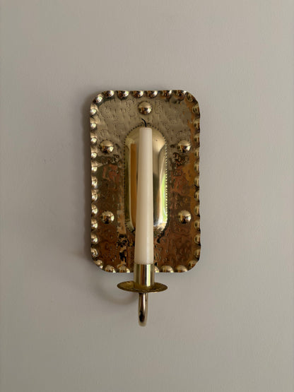 Pair of vintage brass candle sconces in a rectangular embossed design, Sweden