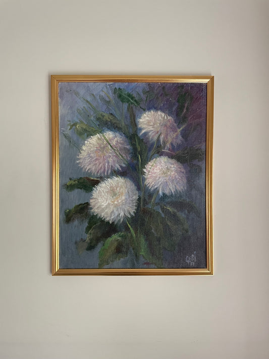 White Chrysanthemums with blue and purple background