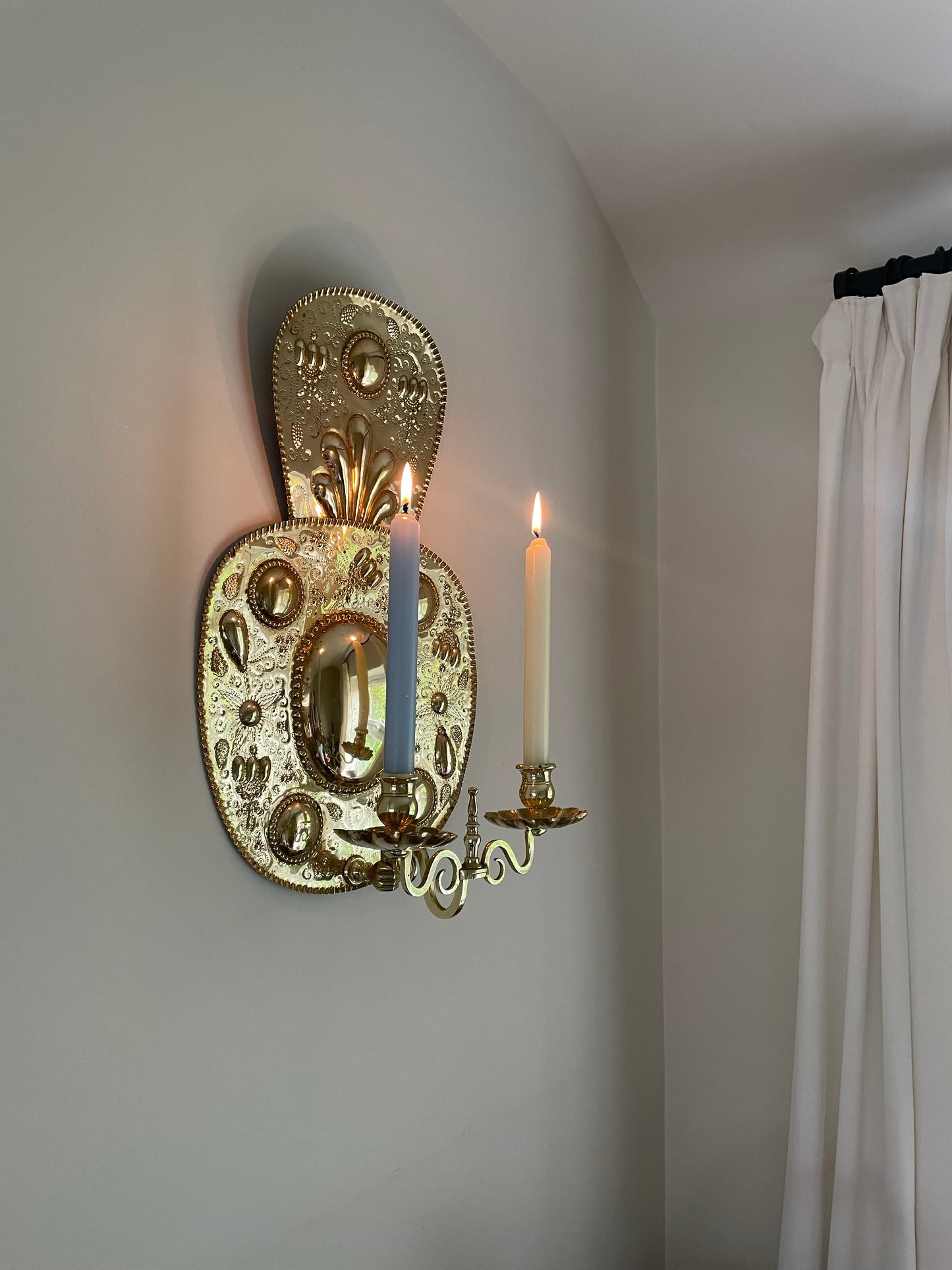 Pair of vintage embossed Swedish brass double wall sconces