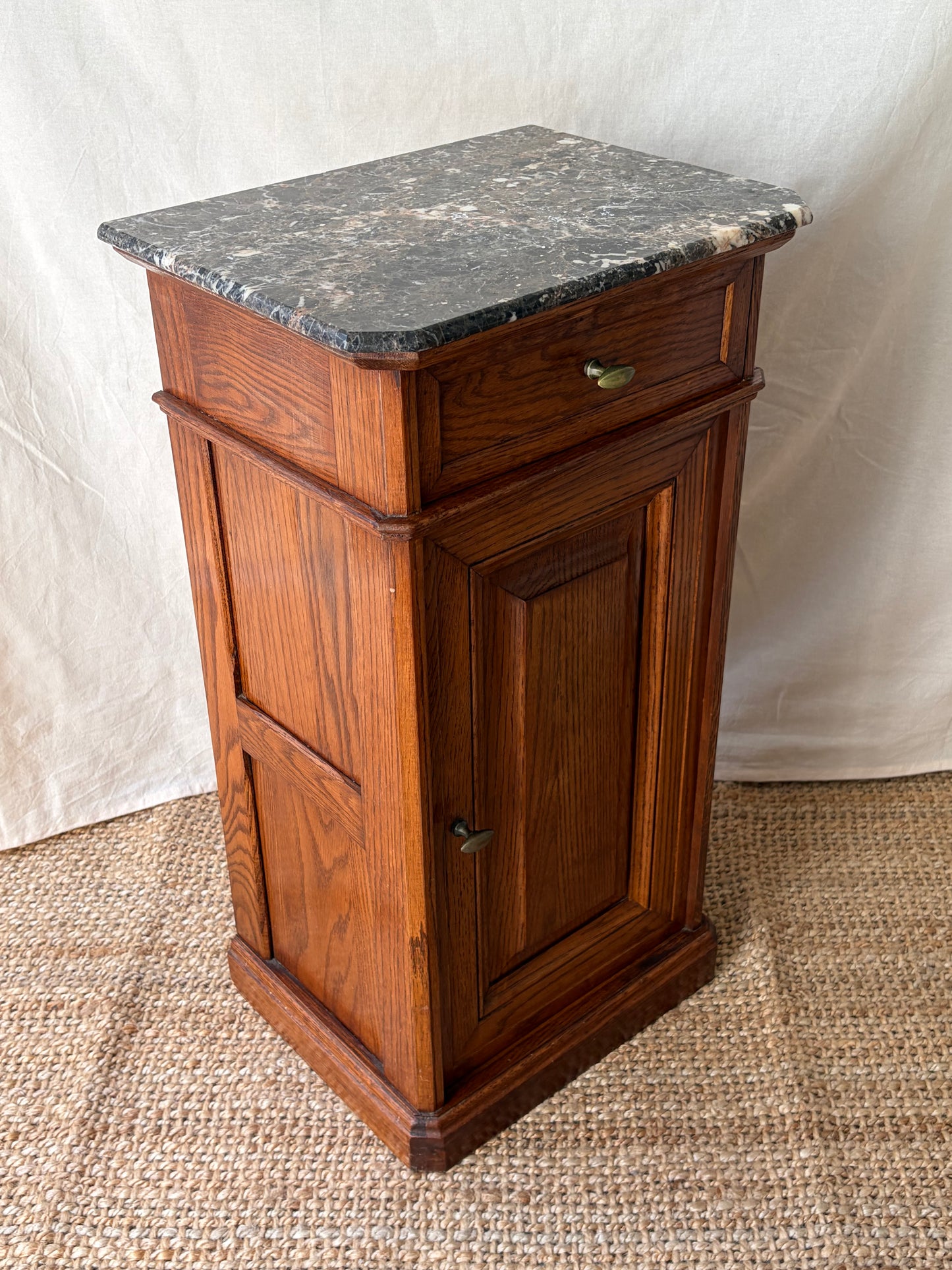 Antique French cupboard side table with dark marble top