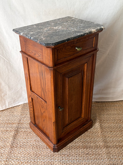 Antique French cupboard side table with dark marble top