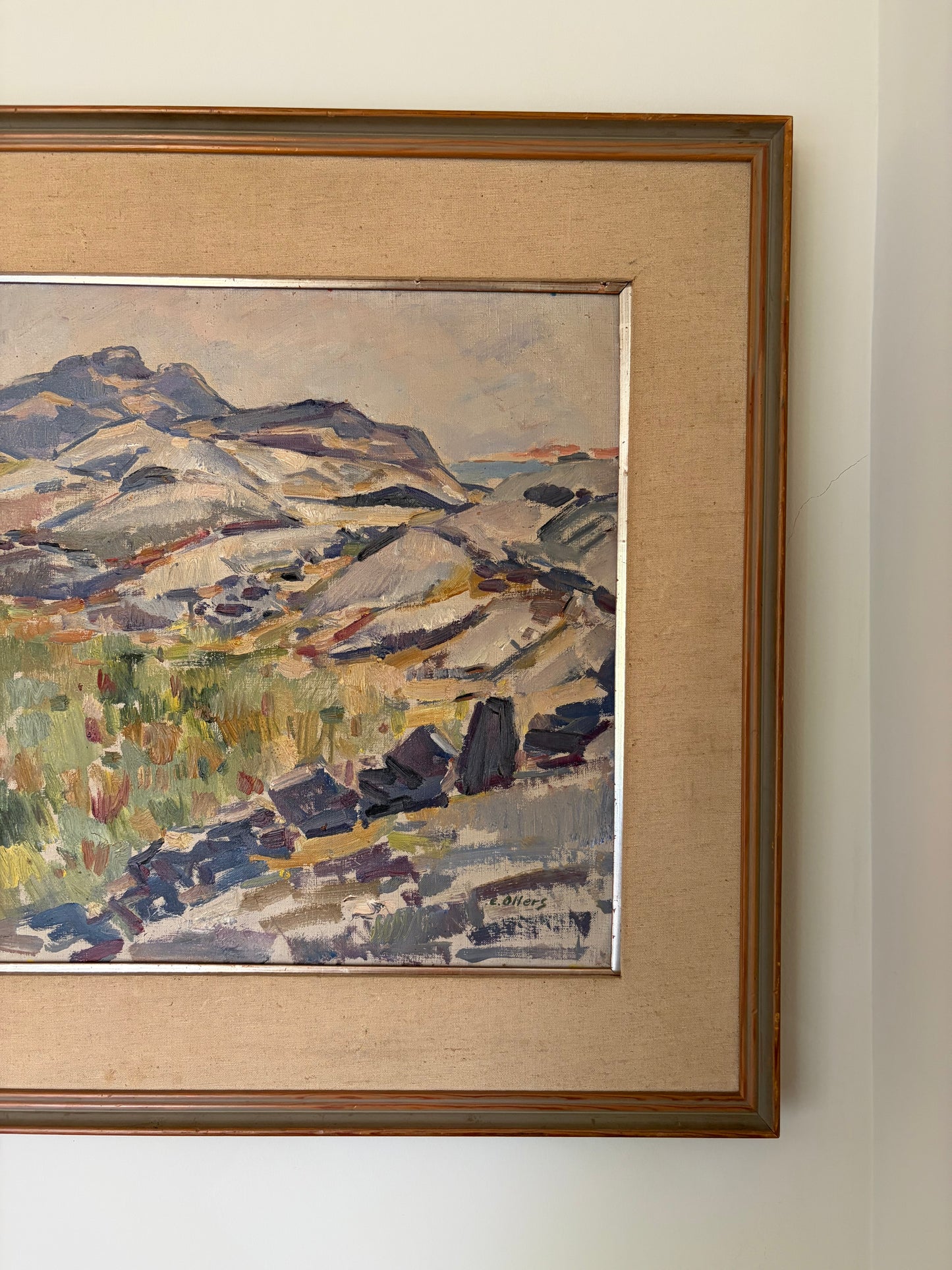 Vintage original oil artwork by Edvin Ollers - purple and green mountain landscape