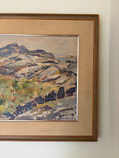 Vintage original oil artwork by Edvin Ollers - purple and green mountain landscape